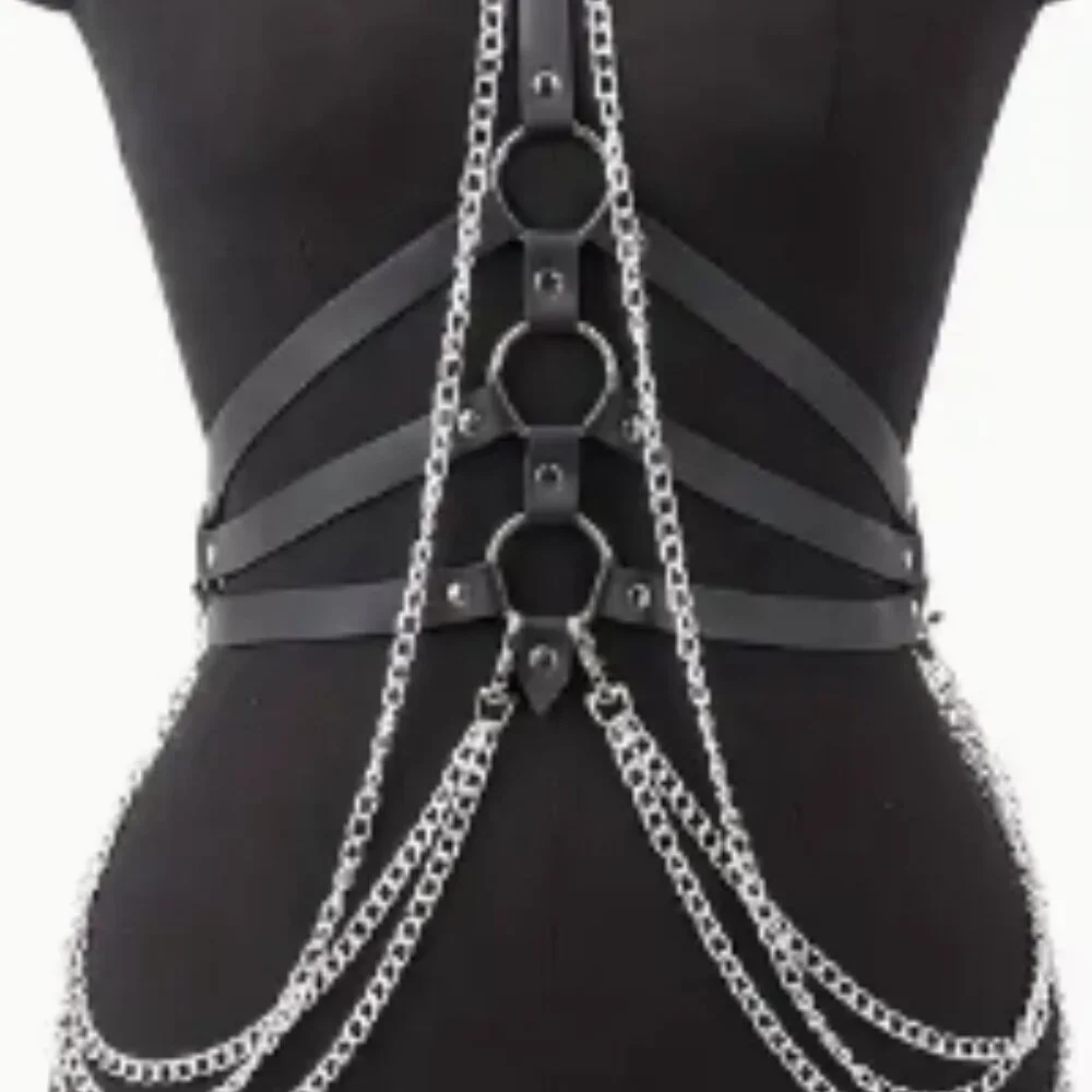 PU Leather Draped Layered Chain Choker Harness
